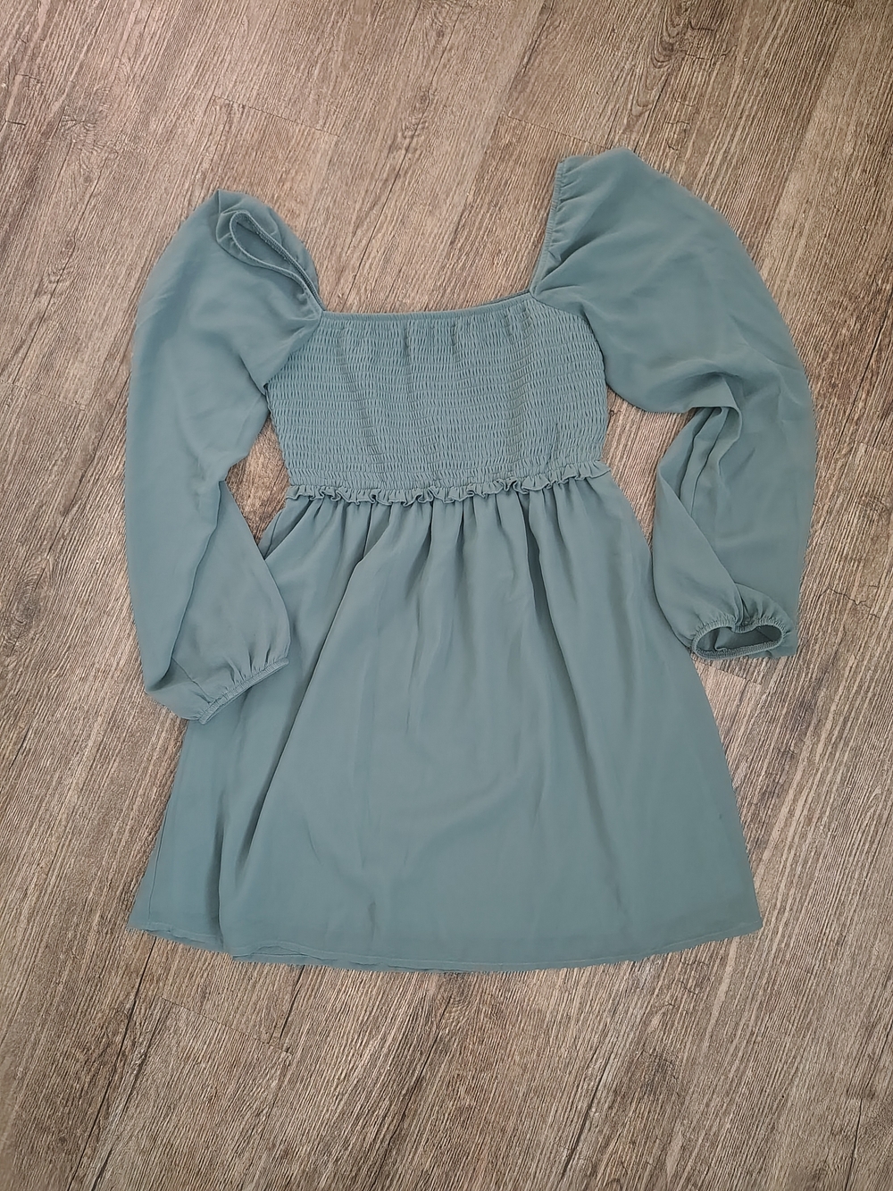 Revamped Sage Green Smocked Mini Babydoll Dress Sheer Puff Sleeves Cottagecore